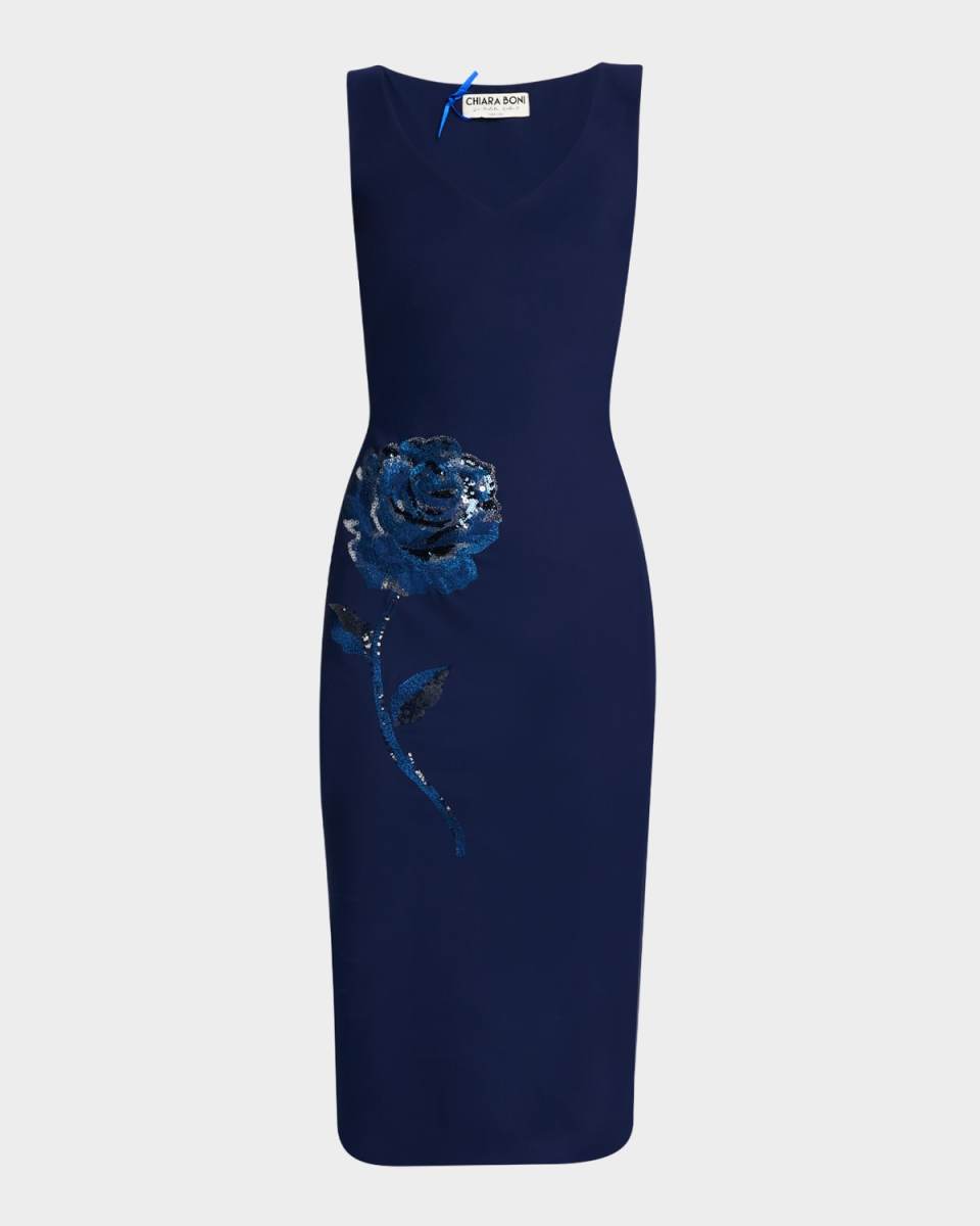 Italica Floral-Embroidered Midi Sheath Dress